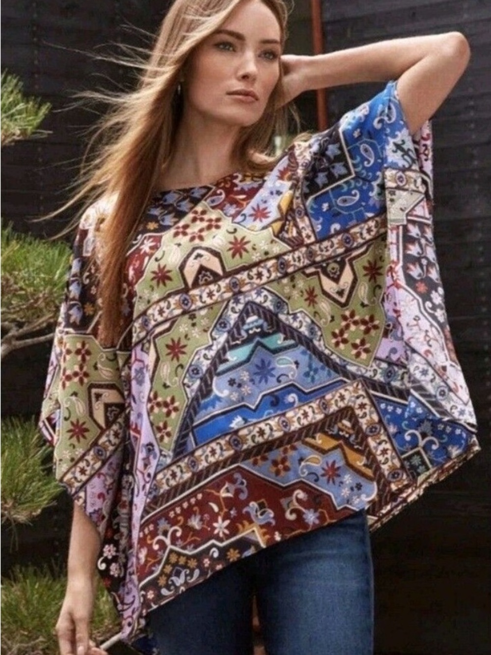 Johnny Was Jade Miklos Easy Top Poncho Multicolor Patchwork Boho Tunic